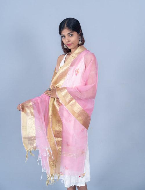 OMVAI Paisley Border Chanderi Silk Dupatta - Pretty Pink