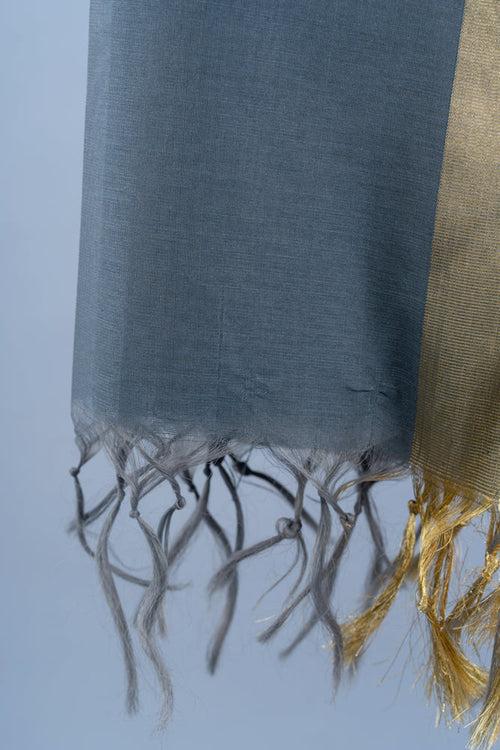 OMVAI Golden Border Chanderi Silk Dupatta - Steel Grey