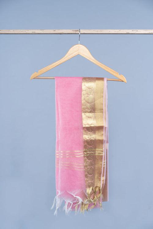 OMVAI Paisley Border Chanderi Silk Dupatta - Pretty Pink