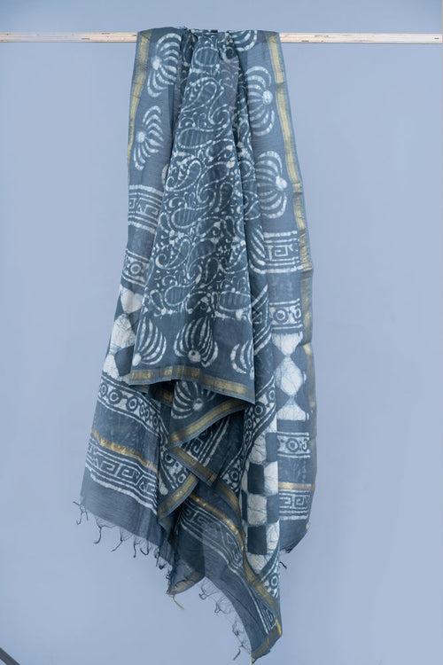 OMVAI Paisley Buta Hand Block Printed Chanderi Silk Dupatta - Charcoal