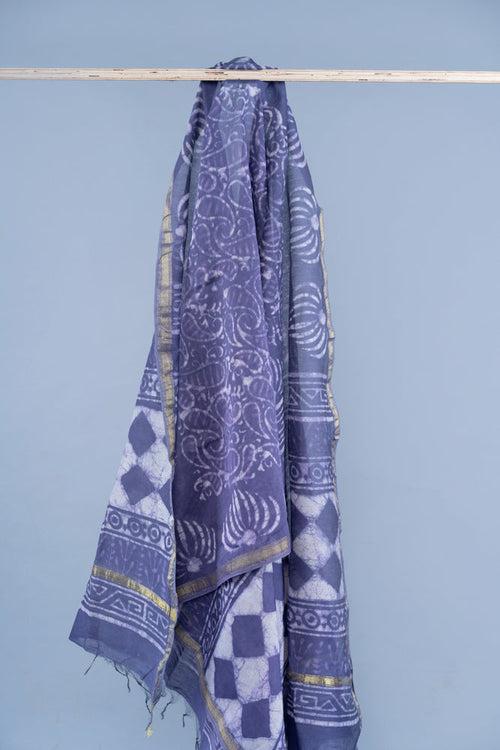 OMVAI Paisley Buta Hand Block Printed Chanderi Silk Dupatta - Blue