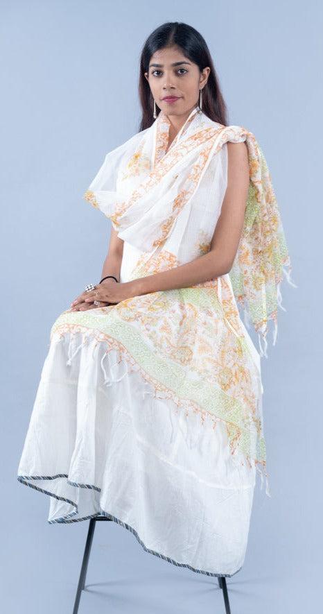 OMVAI Ornamental Flower Hand Block Printed Kota Doria Checks Stole / Dupatta - White Ochre