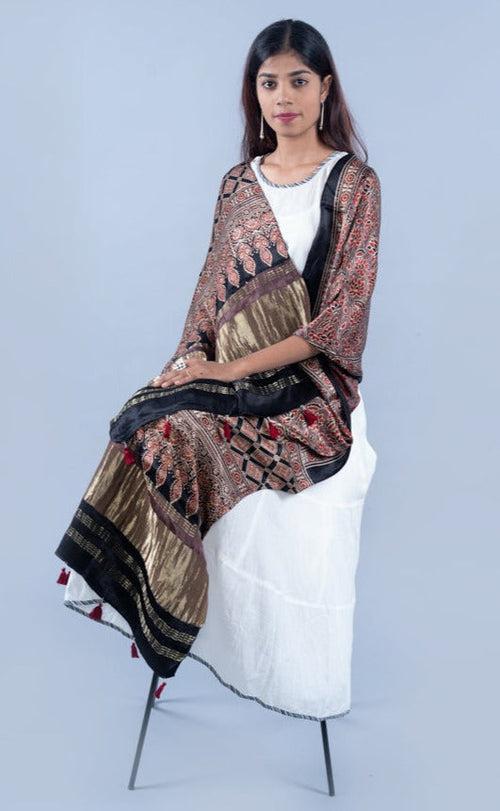 OMVAI Bel Sundari Hand Block Printed Premium Modal Stole with Zari Border - Brown