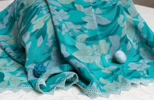 OMVAI Ivy Flower Crepe Silk Scarf -  Teal