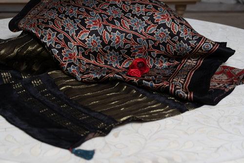 OMVAI Bel Sundari Hand Block Printed Premium Modal Stole with Zari Border - Black