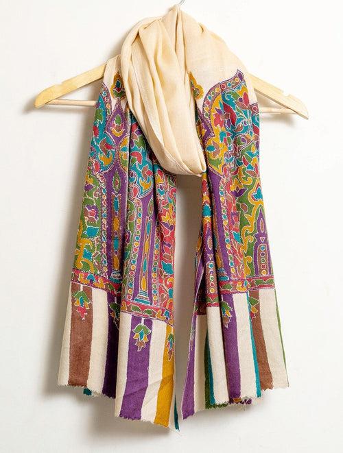 Mughal Darbaar Kalamkari Kani Stole with Hand embroidery - Beige