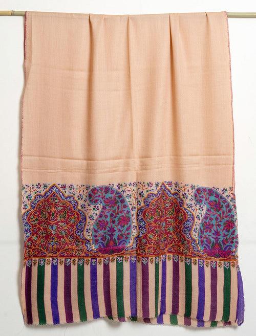 Mughal Darbaar Kalamkari Kani Stole with Hand embroidery - Caramel Brown