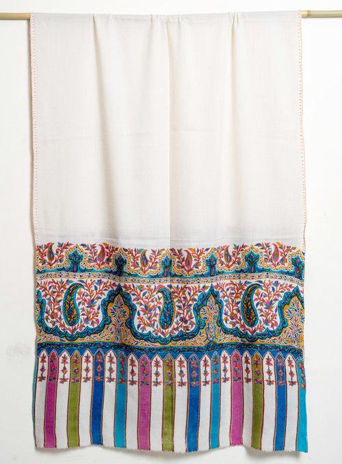 Mughal Darbaar Kalamkari Kani Stole with Hand embroidery - Pure White