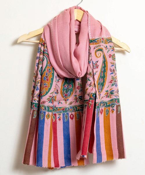 Mughal Darbaar Kalamkari Kani Stole with Hand embroidery - Pretty Pink