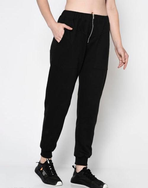 Stylish Plain Black Zippered Terry Jogger