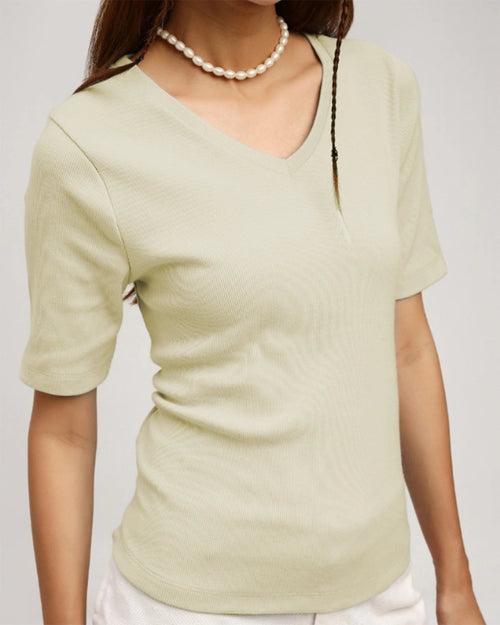 Beige V-Neck Ribbed Top