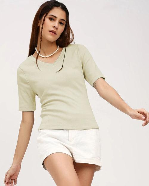 Beige V-Neck Ribbed Top