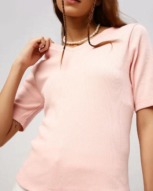 Peach V-Neck Ribbed Top