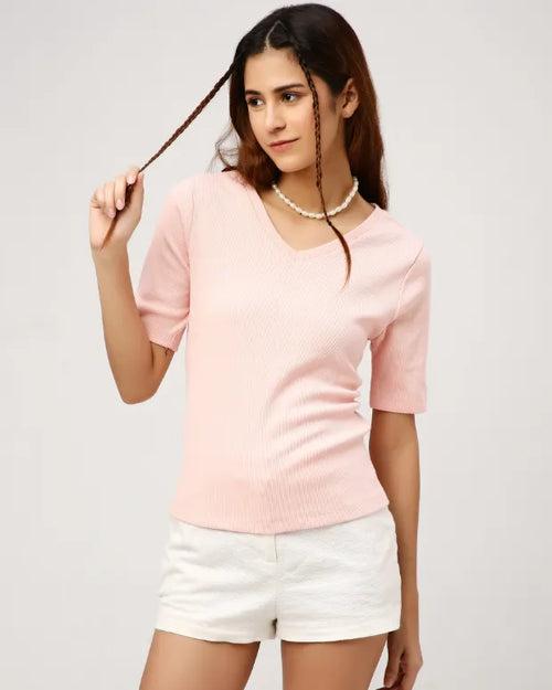 Peach V-Neck Ribbed Top