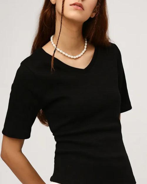 Black V-Neck Ribbed Top