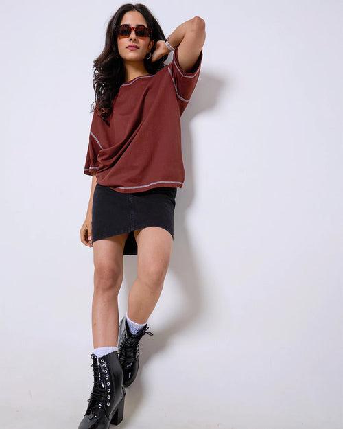 Reverse Weave Brown Plain Oversized T-Shirt