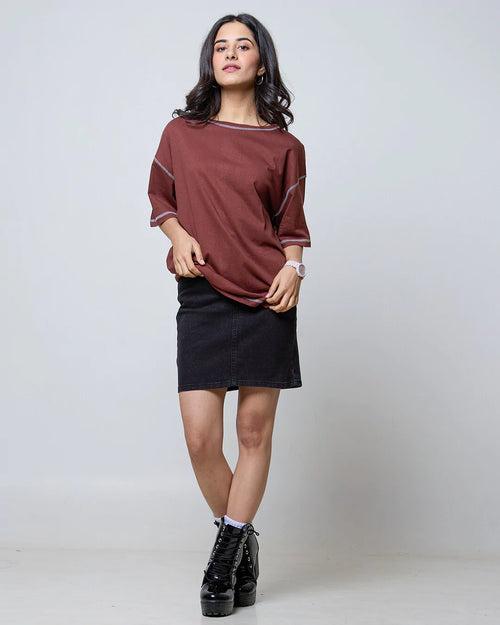 Reverse Weave Brown Plain Oversized T-Shirt