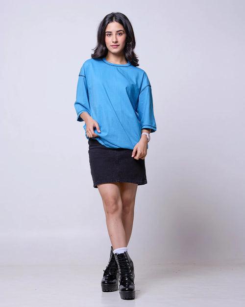 Reverse Weave Denim Blue Plain Oversized T-Shirt