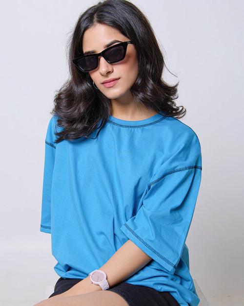 Reverse Weave Denim Blue Plain Oversized T-Shirt