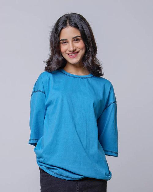 Reverse Weave Denim Blue Plain Oversized T-Shirt