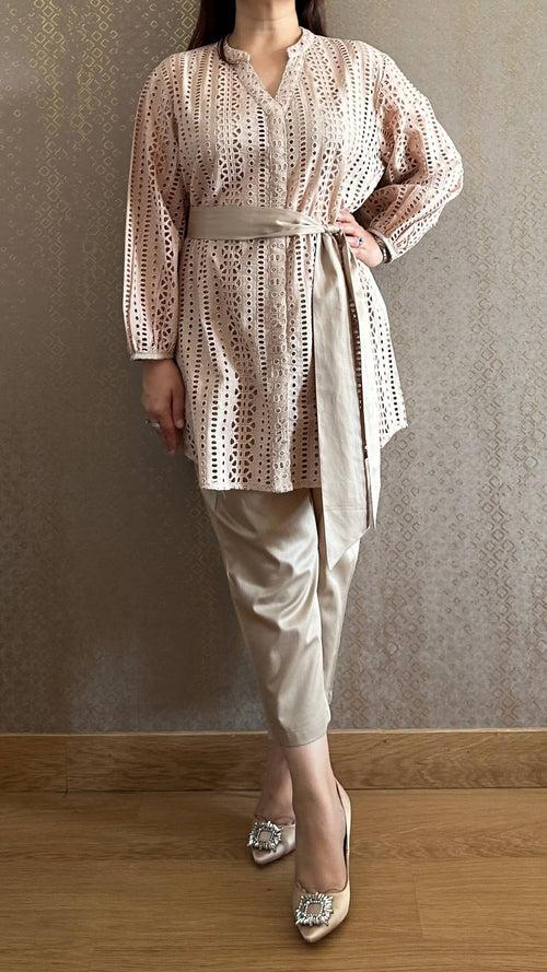 Coffee Cotton Cutwork Co-ord Set