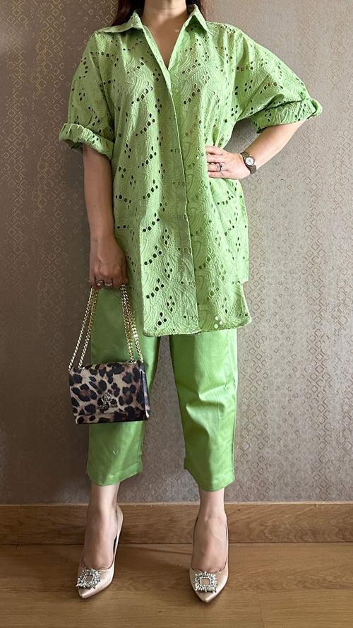 Green Cotton Chikankari Co-ord Set with Belt