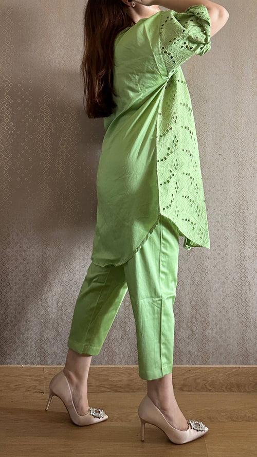 Green Cotton Chikankari Co-ord Set with Belt