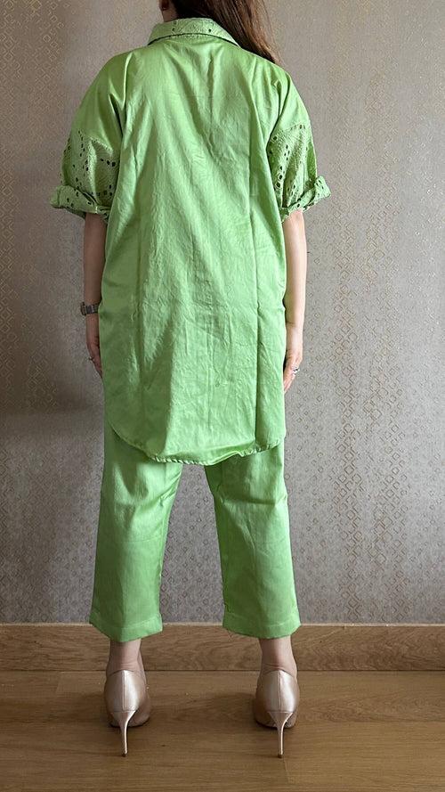 Green Cotton Chikankari Co-ord Set with Belt