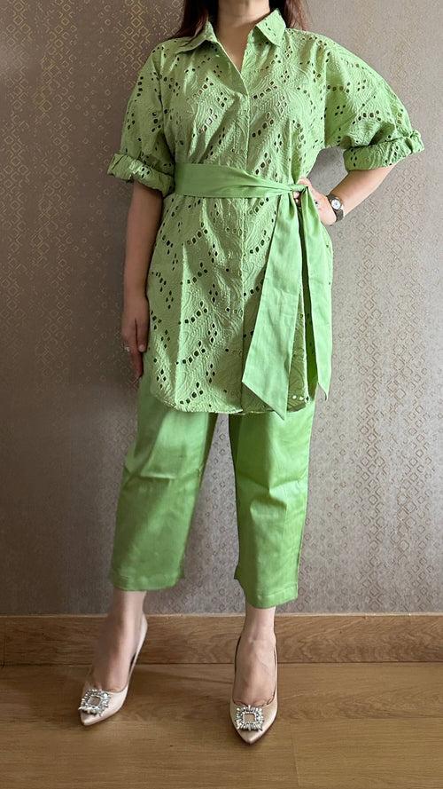 Green Cotton Chikankari Co-ord Set with Belt