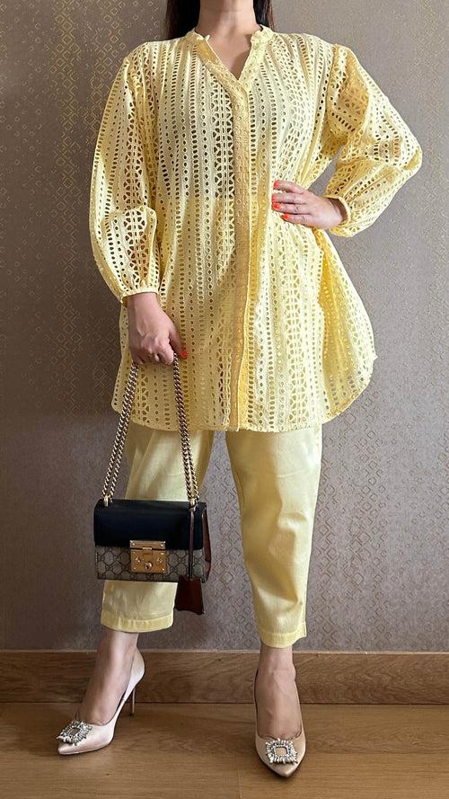 Lemon Cotton Cutwork Co-ord Set