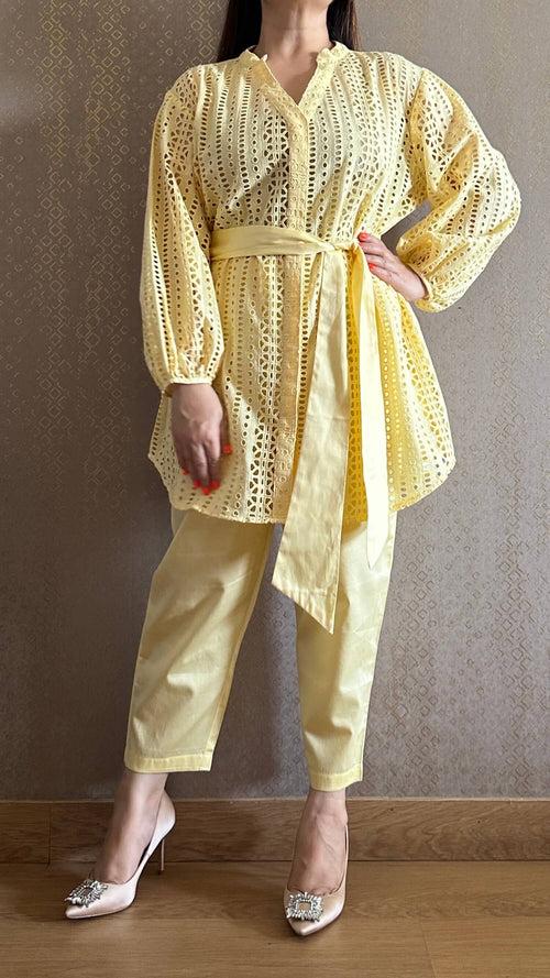 Lemon Cotton Cutwork Co-ord Set