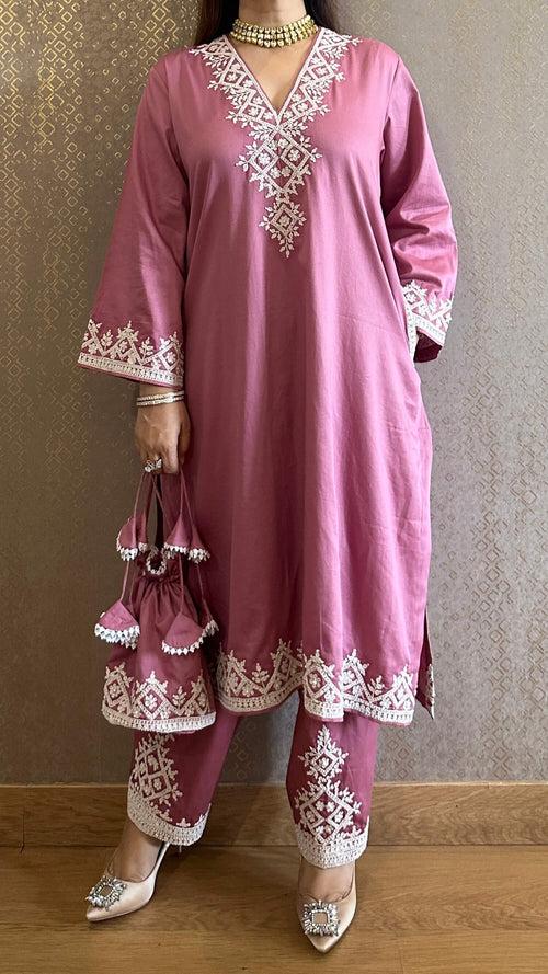 Rouge Pink Kashmiri Phiran with Salwar and Matching Potli