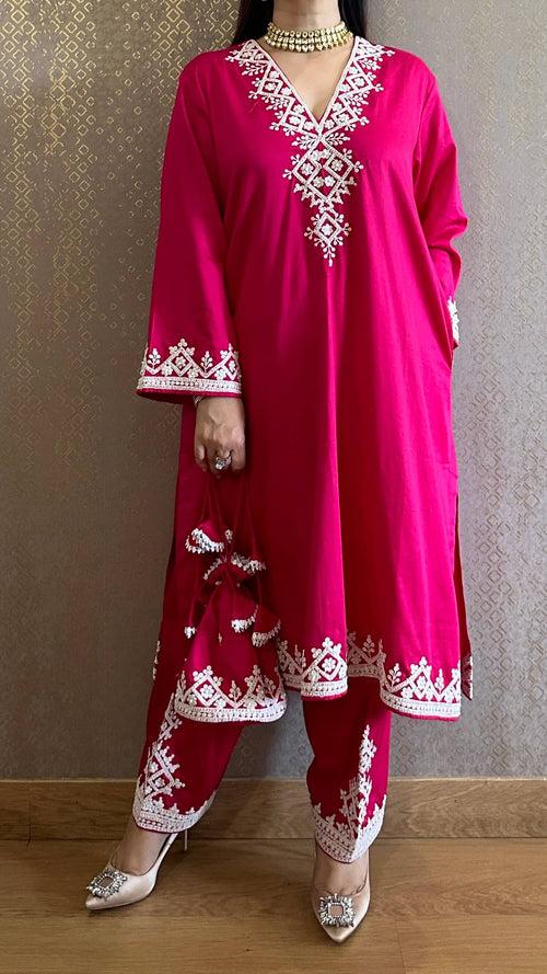 Candy Pink Kashmiri Phiran with Salwar and Matching Potli