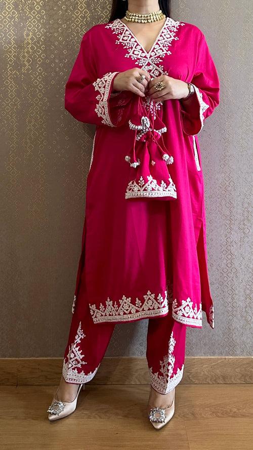 Candy Pink Kashmiri Phiran with Salwar and Matching Potli