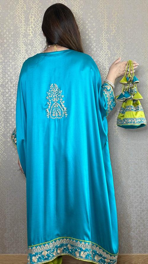 Firozi Satin Kaftan Phiran with Churidaar and Matching Potli