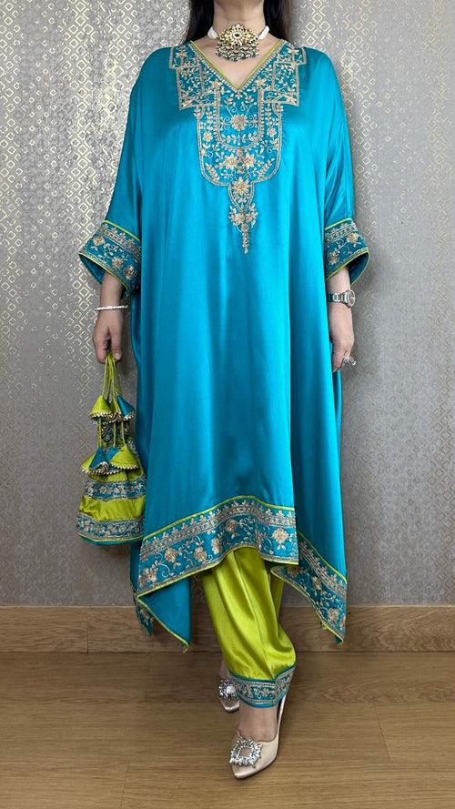 Firozi Satin Kaftan Phiran with Churidaar and Matching Potli