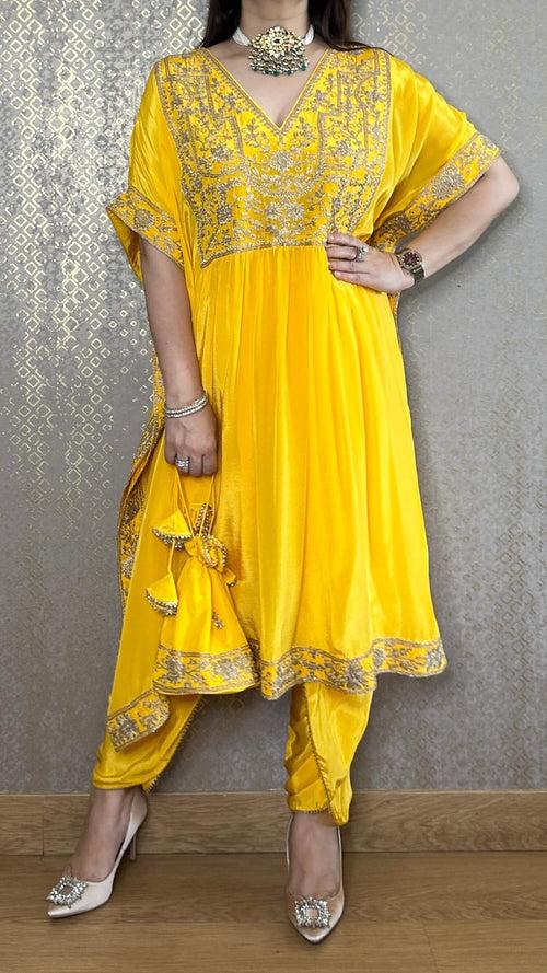 Sunshine Yellow Kaftan Co-ord with Matching Salwar and Potli