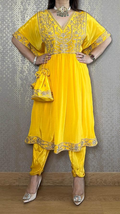 Sunshine Yellow Kaftan Co-ord with Matching Salwar and Potli