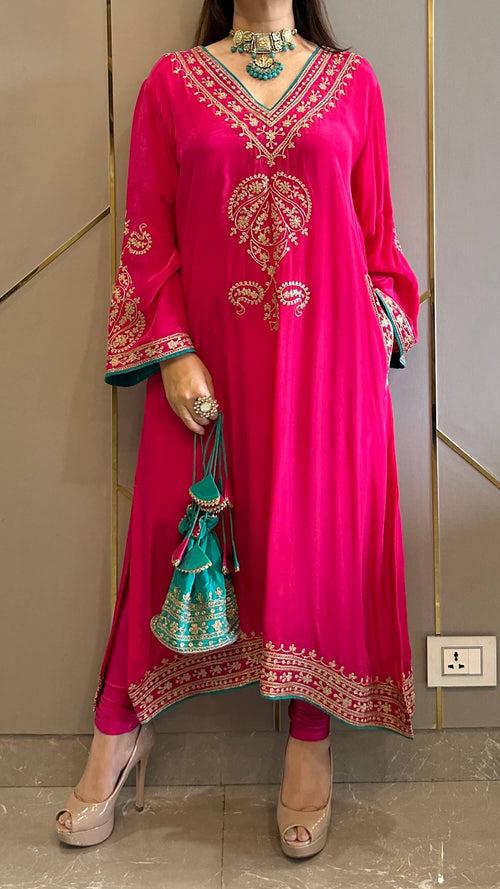 Candy Pink Crepe Kashmiri-Phiran Kurta with Churidar and Matching Potli