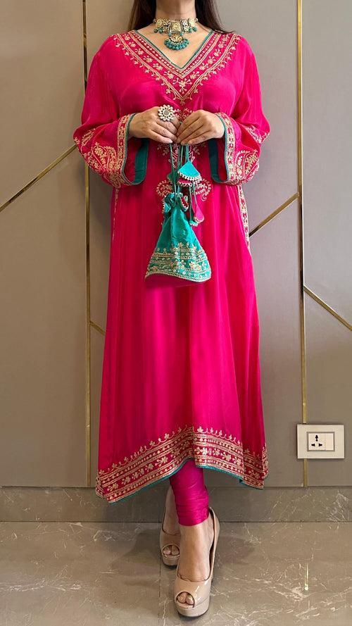 Candy Pink Crepe Kashmiri-Phiran Kurta with Churidar and Matching Potli