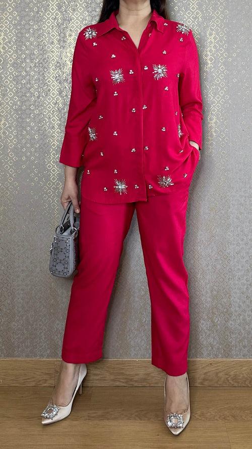 Fuscia Crystal Hand Embroidered Co-ord Set