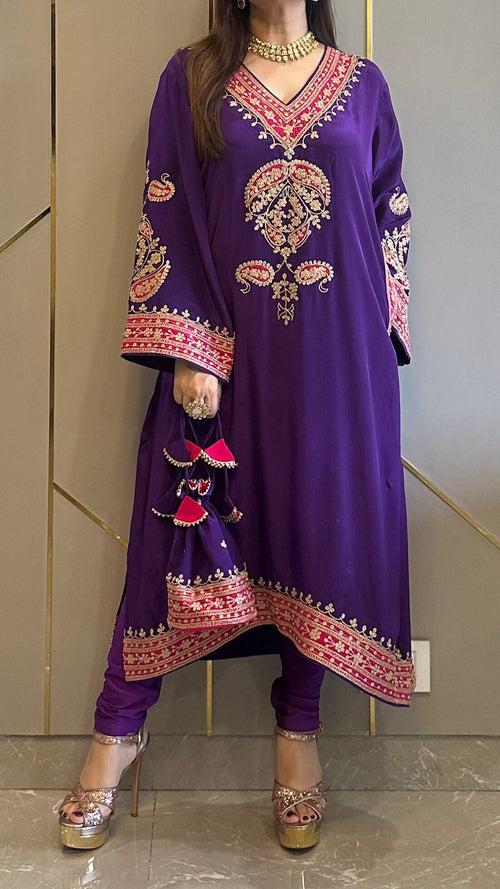 Purple Applique Crepe Kashmiri-Phiran Kurta with Churidar and Matching Potli