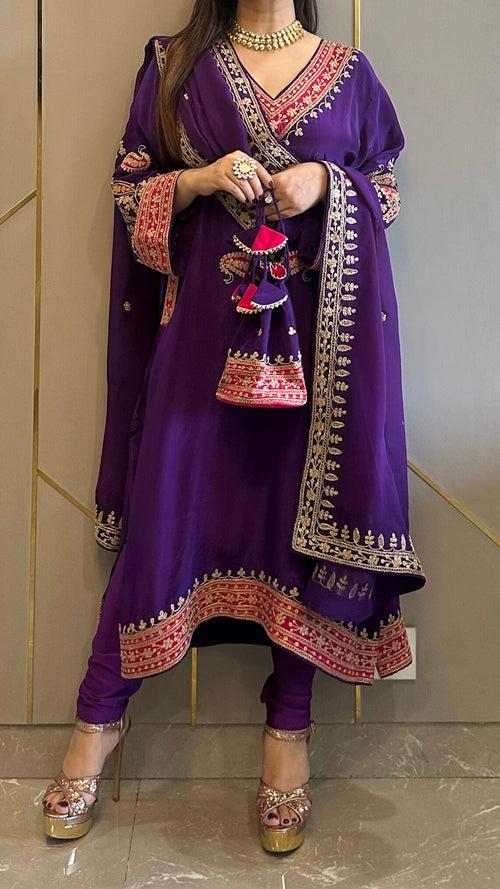 Purple Applique Crepe Kashmiri-Phiran Kurta with Churidar and Matching Potli