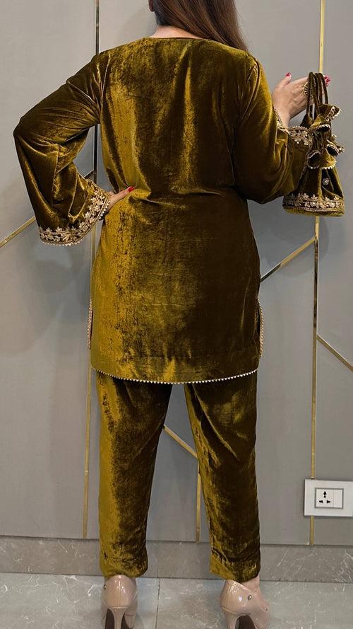 Dual Tone Mustard Velvet Short Embroidered Co-ord Set