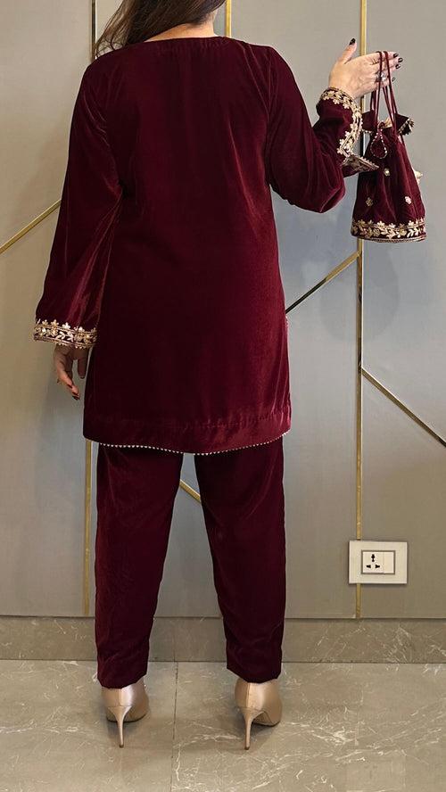 Maroon Velvet Short Embroidered Co-ord Set