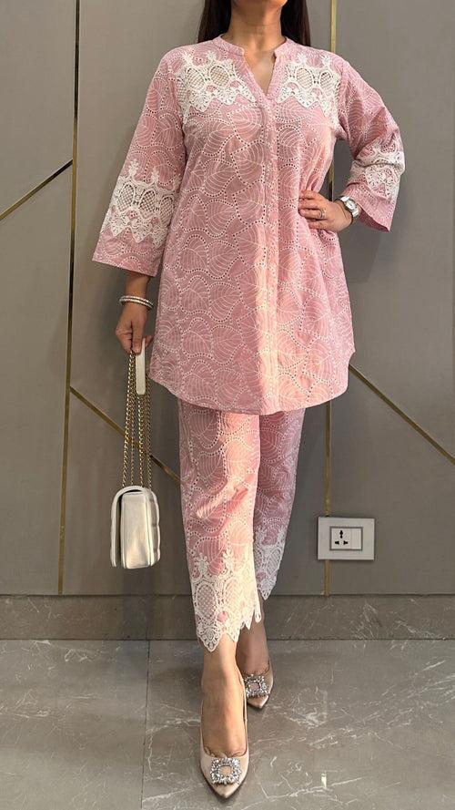 Pastel Pink French Lace Chikankari Co-ord Set