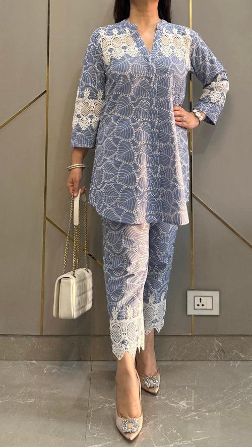 Powder Blue French Lace Chikankari Co-ord Set