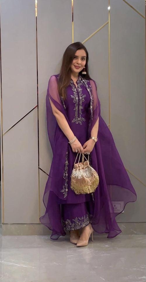 Purple Hand Embroidered Cape Suit