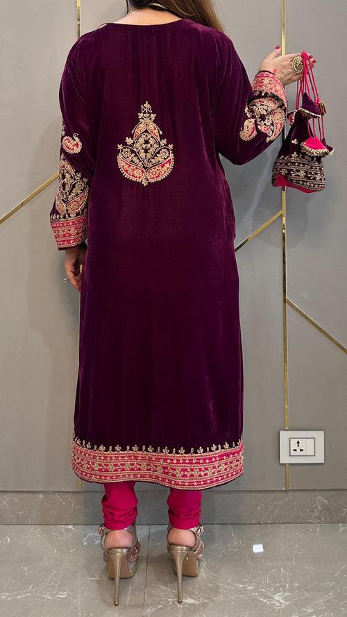 Purple Velvet Applique Kashmiri-Phiran Kurta with Churidar and Matching Potli