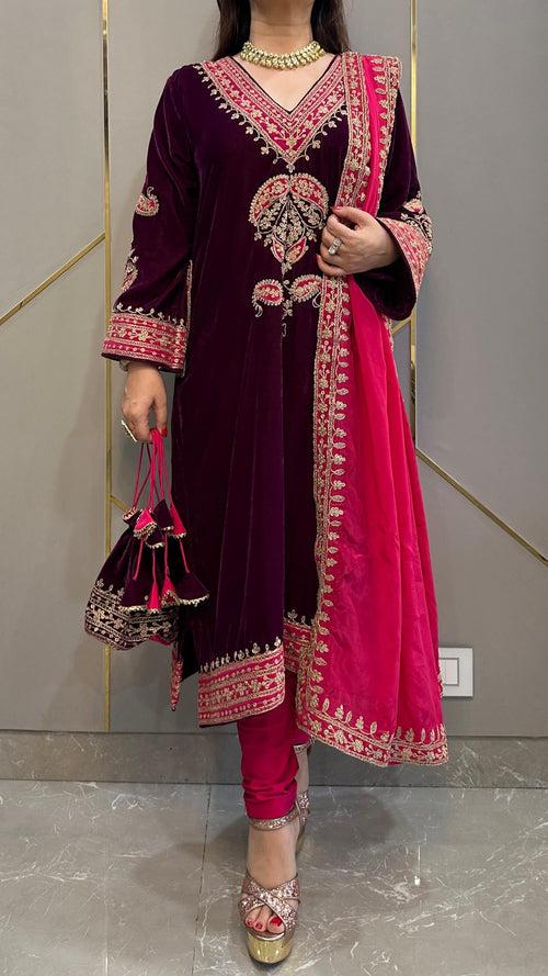 Purple Velvet Applique Kashmiri-Phiran Kurta with Churidar and Matching Potli